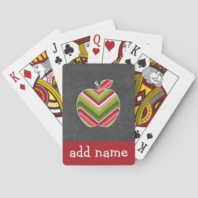 Custom Teacher Apple - Red Green Chevron Pattern Playing Cards (Back)