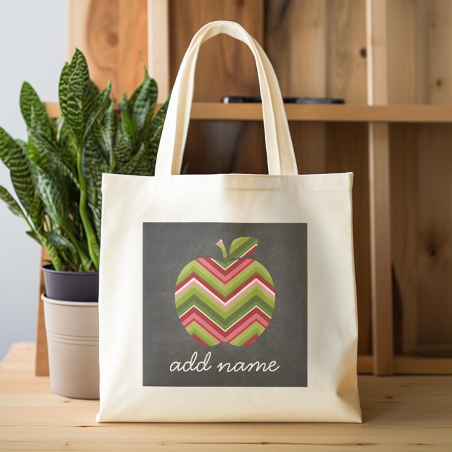Custom Teacher Apple - Red Green Chevron Pattern Tote Bag (Custom Tote Bag)