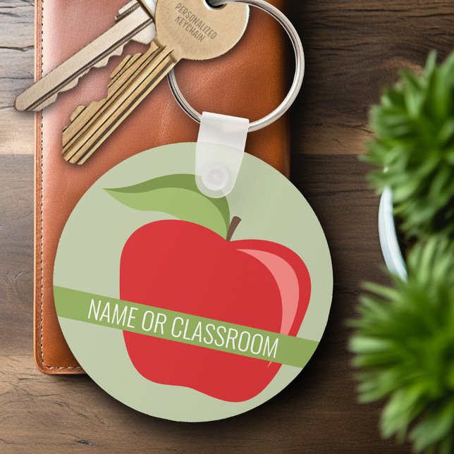 Custom Teacher Apple with Modern Apple Key Ring (Personalized Keychain - Custom Teacher Gift or Classroom Keyring)