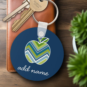 Custom Teacher Apple with Trendy Chevron Pattern Key Ring