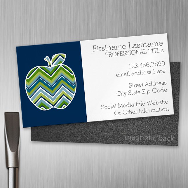 Custom Teacher Apple with Trendy Chevron Pattern Magnetic Business Card (custom business card magnet)