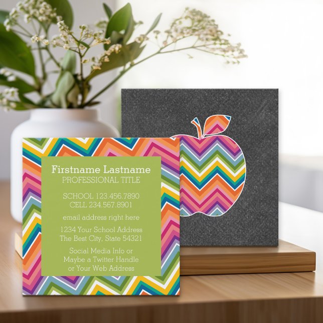Custom Teacher Apple with Trendy Chevron Pattern Square Business Card (Custom Square Business Calling Card)