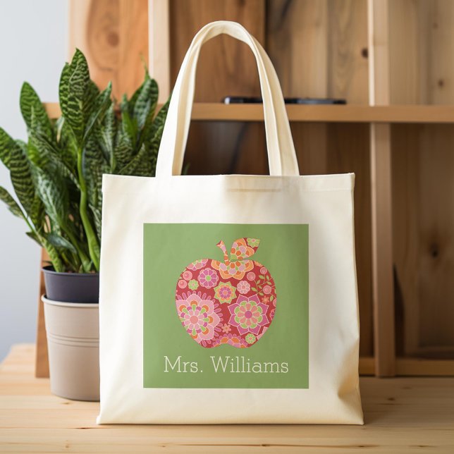 Custom Teacher Apple with Trendy Floral Pattern Tote Bag (Custom Tote Bag)