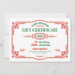 Custom Teacher Appreciation Gift Certificate Card