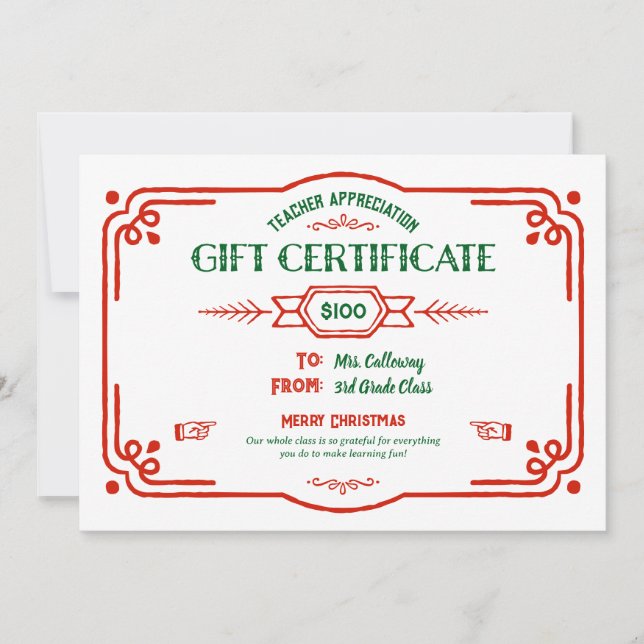 Custom Teacher Appreciation Gift Certificate Card (Front)