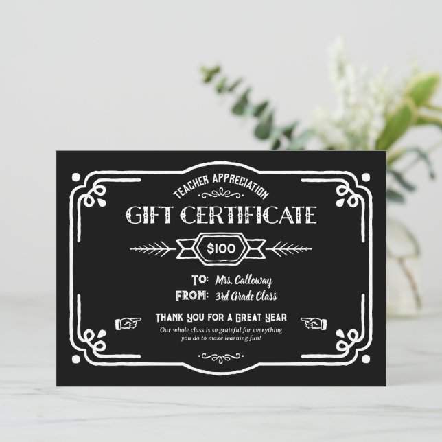 Custom Teacher Appreciation Gift Certificate Card (Standing Front)