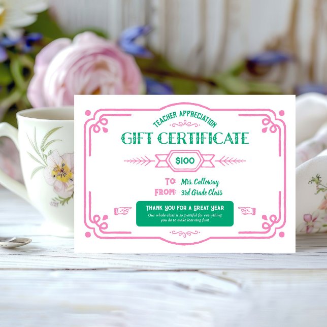 Custom Teacher Appreciation Gift Certificate Card (Creator Uploaded)