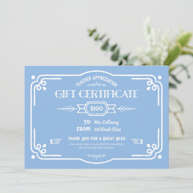 Custom Teacher Appreciation Gift Certificate Card (Standing Front)