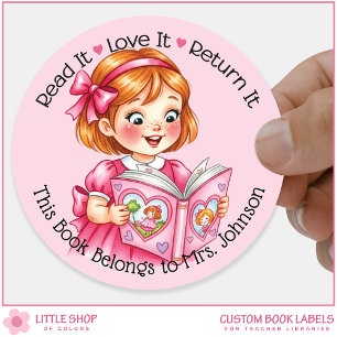 Custom Teacher Library Bookplate Girl Reading Book Classic Round Sticker