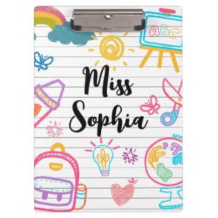 Custom Teacher Name   Cute Colorful doodle Clipboard
