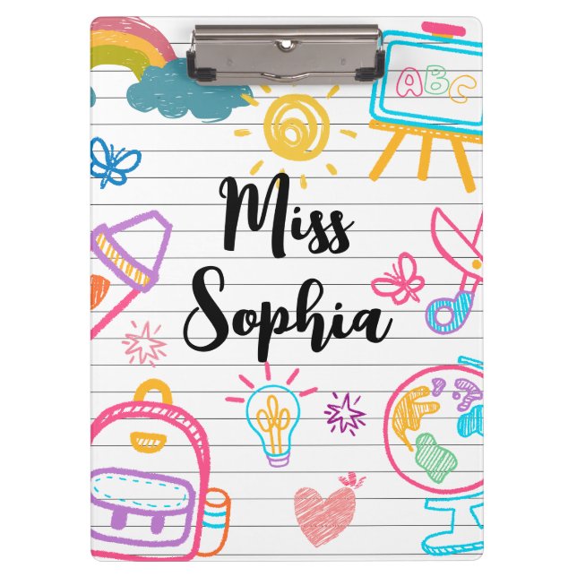 Custom Teacher Name | Cute Colourful doodle Clipboard (Front)