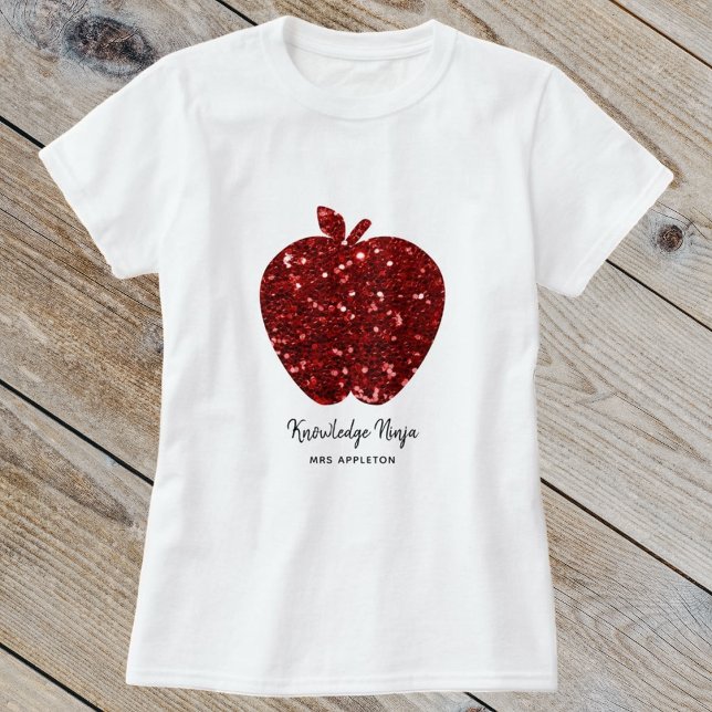 Custom Teacher Name Faux Glitter Red Apple School  T-Shirt (Creator Uploaded)