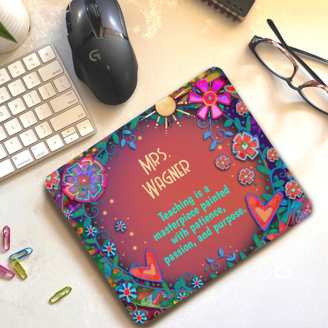 Custom Teacher Name Flowers Hearts Sunshine Red Mouse Pad (Creator Uploaded)