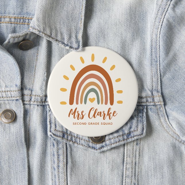 Custom Teacher Name Grade Boho Rainbow Sun 10 Cm Round Badge (In Situ)