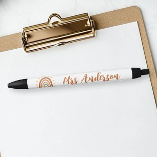 Custom Teacher Name Grade Boho Rainbow Sun Black Ink Pen