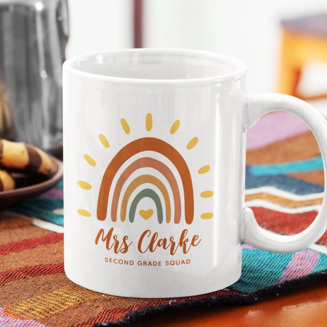 Custom Teacher Name Grade Boho Rainbow Sun Coffee Mug (Creator Uploaded)