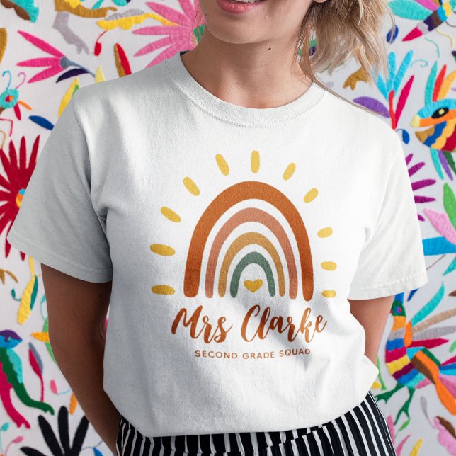 Custom Teacher Name Grade Boho Rainbow Sun T-Shirt (Creator Uploaded)