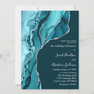 Custom Teal Agate Silver Glitter Wedding Invitation