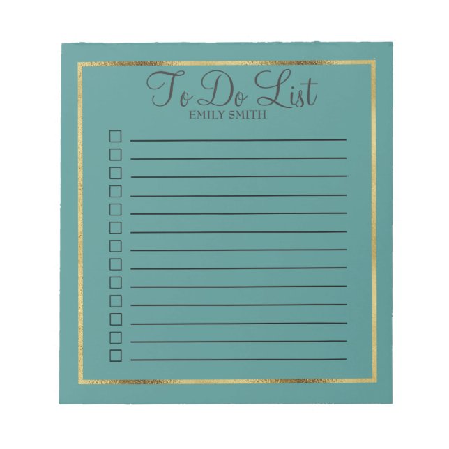 Custom Teal and Gold To Do Notepad (Front)