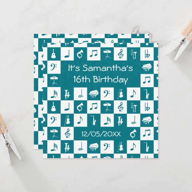Custom teal and white music notes and instruments invitation (Front/Back In Situ)