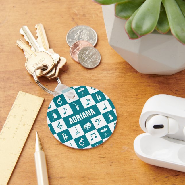 Custom teal and white music notes and instruments key ring (Desk)