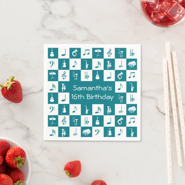 Custom teal and white music notes and instruments napkin (Insitu)