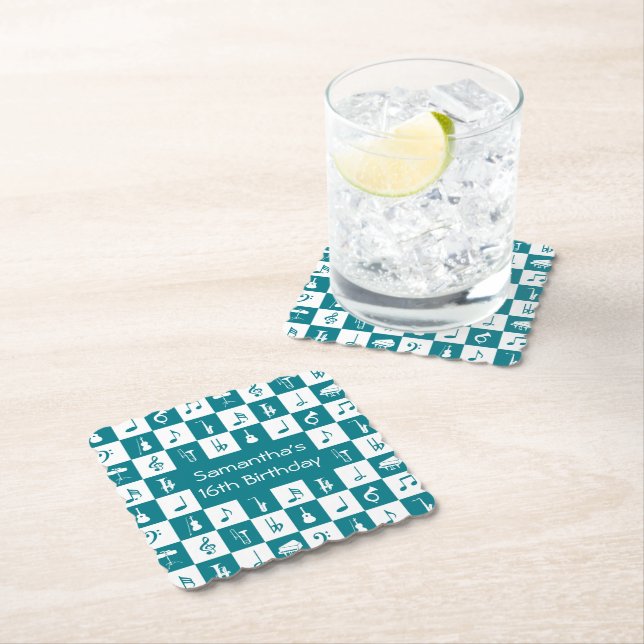 Custom teal and white music notes and instruments paper coaster (Insitu)