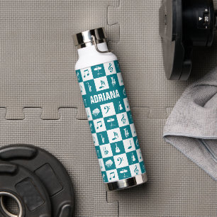 Custom teal and white music notes and instruments water bottle