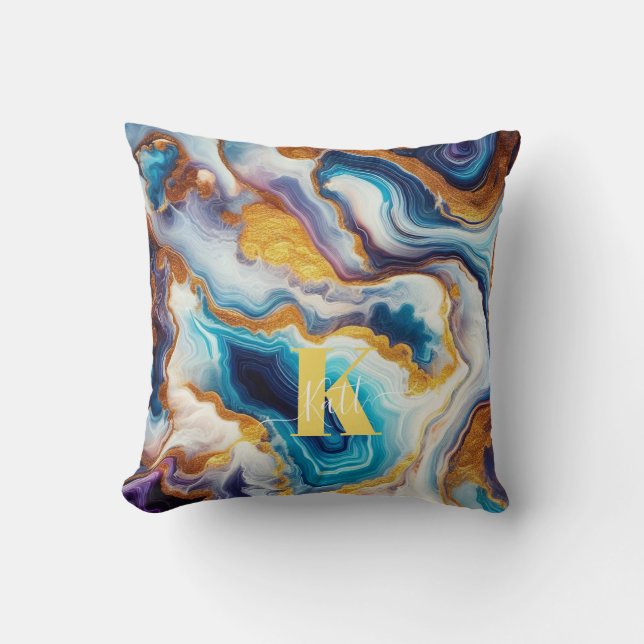 Custom Teal Aqua Golden Agate Monogram Cushion (Front)