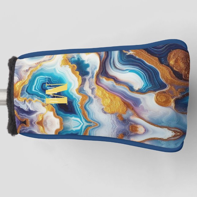 Custom Teal Aqua Golden Agate Monogram Golf Head Cover (Front)