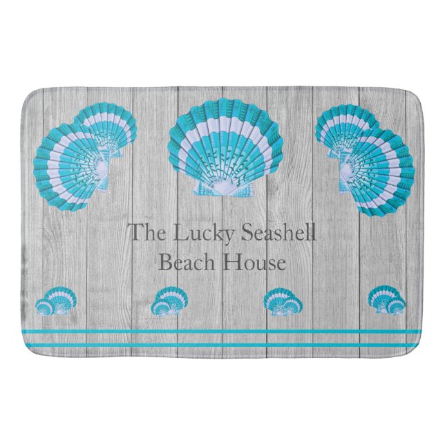 Custom Teal Aqua Seashell White Shell Coastal Grey Bath Mat (Front)