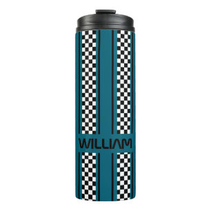 Custom Teal Blue Black Race Sport Stripe Thermal Tumbler