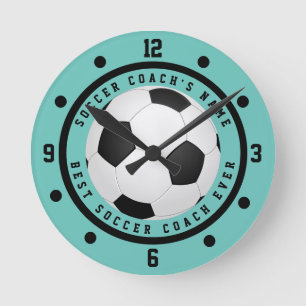Custom Teal Blue Boy's Soccer Coach Round Clock