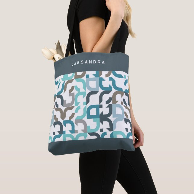 Custom Teal Blue Brown Grey Retro Art Pattern Tote Bag (Close Up)