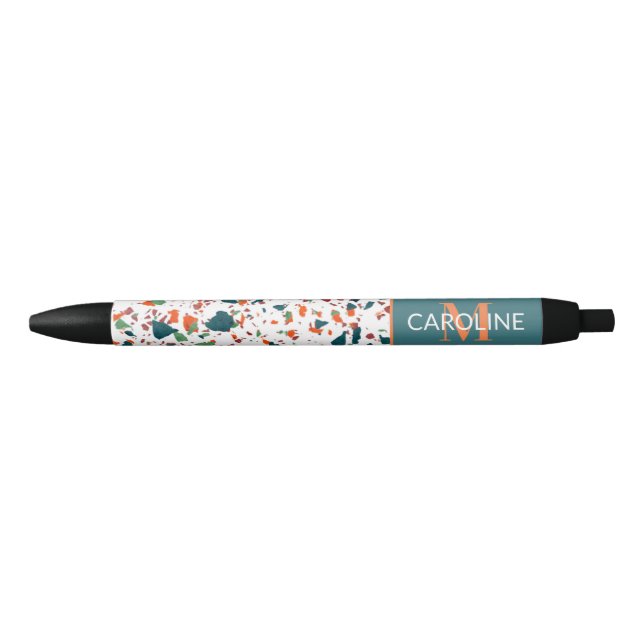 Custom Teal Blue Green Orange Terrazzo Art Motif Black Ink Pen (Front)