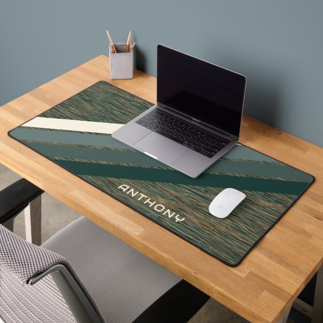 Custom Teal Blue Green Stripes Art On Faux Wood Desk Mat (Office 2)