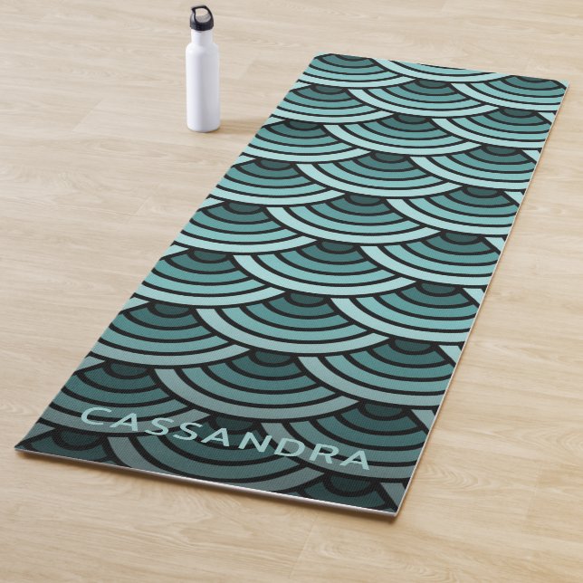 Custom Teal Blue Green Wave Circles Art Pattern Yoga Mat (In Situ)