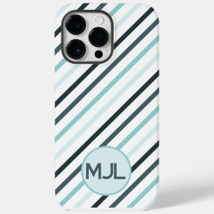 Custom Teal Blue Monogram  & Stripes Case-Mate iPhone 14 Pro Max Case