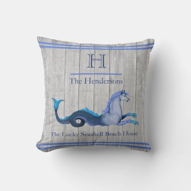 Custom Teal Blue Navy Seahorse Coastal Grey wood Cushion (Front)