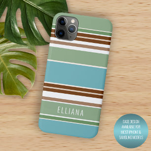 Custom Teal Blue Sage Green Brown Ivory Stripes iPhone 16 Pro Max Case
