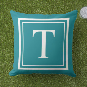 Custom Teal Blue Square Monogram Initial Letter Cushion