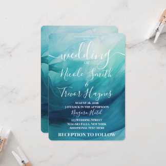 Custom Teal Blue Watercolor Waves Wedding Invitation