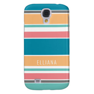 Custom Teal Blue Yellow Coral Red White Stripes Galaxy S4 Case