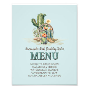 Custom Teal Cactus Western Rodeo Party Menu Sign