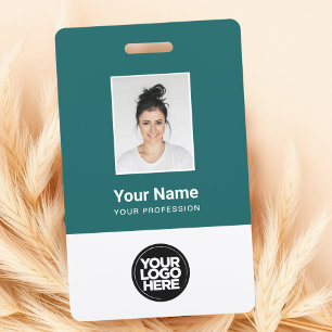 Custom Teal Employee Photo, Bar Code, Logo, Name ID Badge