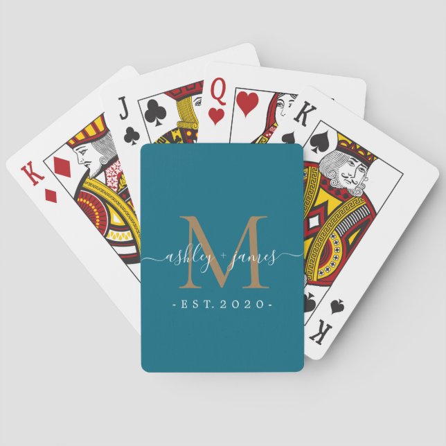 Custom Teal & Gold Monogram Newlywed Playing Cards (Back)