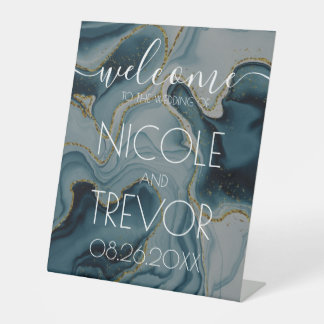 Custom Teal Gold Welcome Wedding Pedestal Sign
