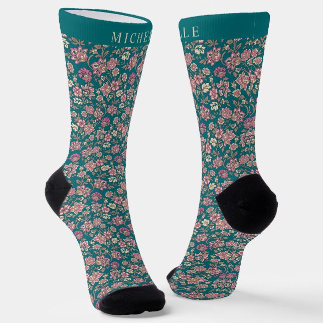 Custom Teal Green Floral Pink Flowers Pattern  Socks (Angled)
