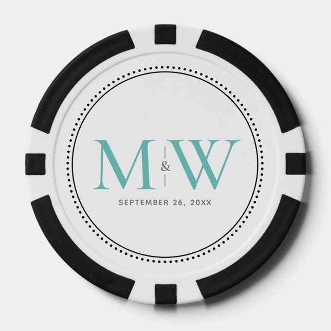 Custom Teal Monogrammed Wedding Date Poker Chips (Front)