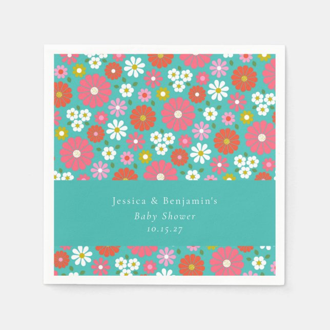 Custom Teal Pink Retro Floral Spring Baby Shower Napkin (Front)